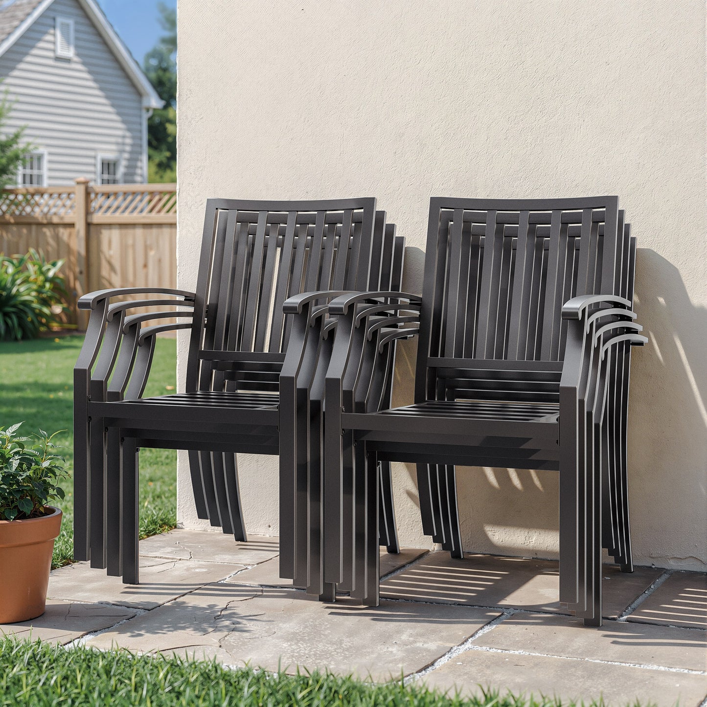 ALAULM Outdoor Dining Chairs Set, Stackabl Patio Dining Chairs with Arms for All Weather, Heavy Duty Dark Brown Powder-Coated Metal Patio Chairs 450LBS, for Backyard Garden Lawn