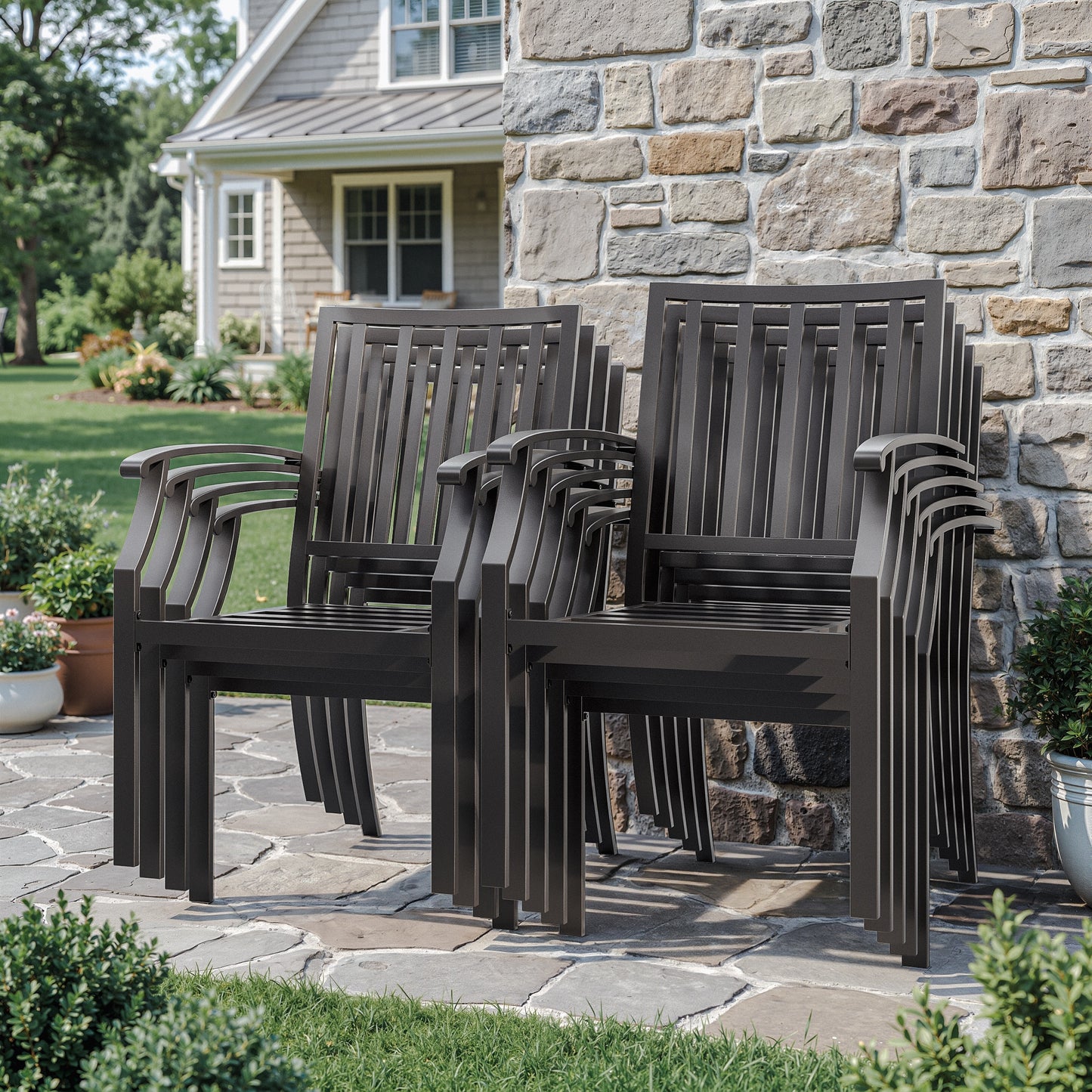 ALAULM Outdoor Dining Chairs Set, Stackabl Patio Dining Chairs with Arms for All Weather, Heavy Duty Dark Brown Powder-Coated Metal Patio Chairs 450LBS, for Backyard Garden Lawn